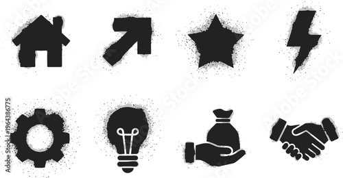 Set of grunge-style icons with spray paint effect on a white background Keywords: icon, symbol, graphic, design, grunge, distressed, spray paint, splatter, dot, black, white, background, house