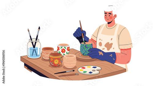 Artisan's Artistic Expression: A skilled artisan, immersed in their craft, meticulously paints intricate designs onto ceramic pottery with focused dedication. 