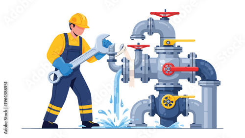 Maintenance Technician at Work: A skilled technician diligently repairs a complex network of pipes, showcasing expertise in plumbing and industrial maintenance.