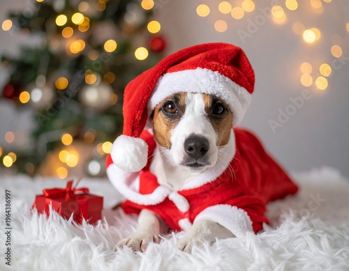 A cute dog in a Santa outfit sits on fluffy white fur, with a lit-up Christmas tree and a small gift box
