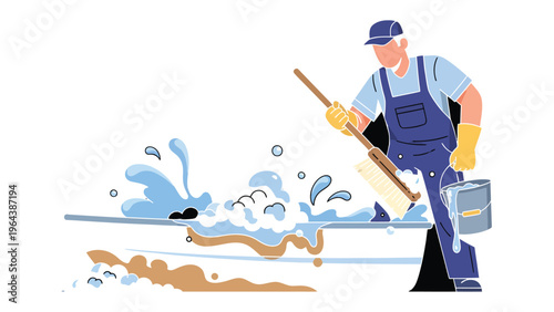 Cleaning in Progress: A dedicated sanitation worker meticulously cleans a surface with a brush and bucket of water and soap, demonstrating commitment.