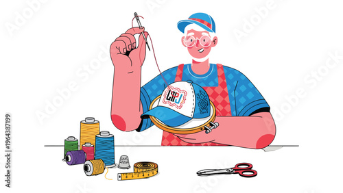 Artisan at Work: An artisan meticulously stitches with needle and thread, bringing a customized cap to life, surrounded by spools of thread and tools of his craft.