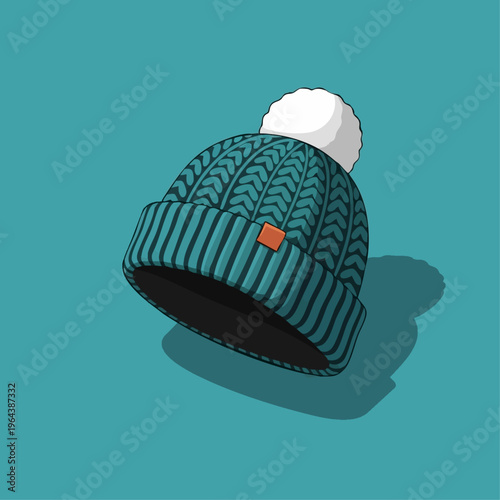 Teal knitted beanie hat with white pompom on turquoise background.