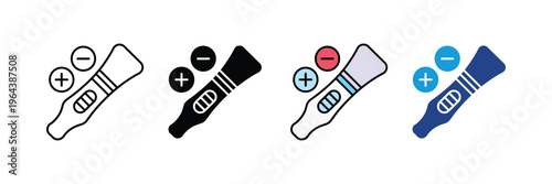 Rapid pregnancy test stick with positive result for healthcare and family planning icon set. Medical diagnostic tool for motherhood and fertility symbol. Vector Illustration.
