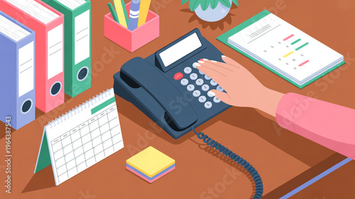 Person working at office desk with phone calendar binders and paperwork business communication concept