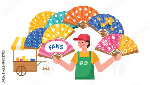 Hand Fan Vendor with Colorful Fans: A vendor joyfully presents a vibrant array of hand fans, each radiating with distinct patterns and hues.