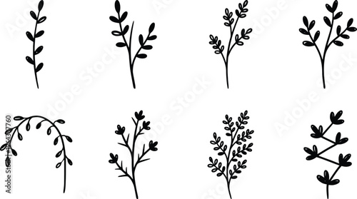 Eight hand-drawn botanical branch and leaf illustrations in black on a white background Keywords: branch, leaf, botanical, plant, nature, illustration, hand-drawn, sketchy, doodle, organic, growth
