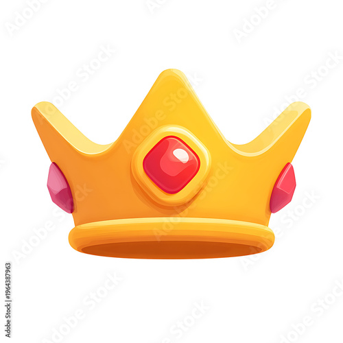 A shiny golden crown with red jewels sits on a surface.