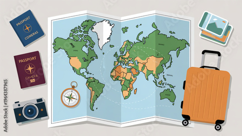 Travel essentials world map luggage passports and camera on a beige background symbolizing adventure and exploration