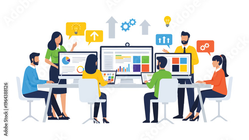 Digital Synergy: A collaborative team engages in a brainstorming session, with data visualizations and innovative ideas illuminating the path to success and innovation.