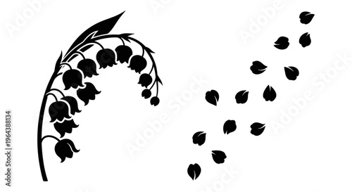 Vintage lily of the valley floral silhouette vector, elegant spring flower branch with bell-shaped blossoms, botanical garden plant illustration