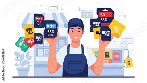 Digital Data Store: A friendly vendor showcases various storage media, standing in front of shelves of flash memory cards and SSDs, highlighting the accessibility and vast options for data storage.