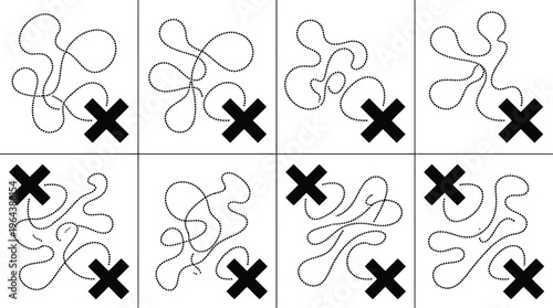 Eight Variations of a Dotted Line Maze with a Black Cross Symbol Keywords: maze, dotted line, path, labyrinth, cross, symbol, black, white, grid, pattern, abstract, graphic, design, repetition