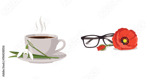 Cozy morning lifestyle vector set, steaming coffee cup with snowdrop flower, black eyeglasses with red poppy floral elements