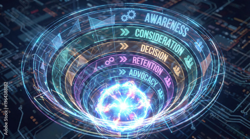 A funnel shape glowing with energy showing sales process concept. Visual representation of digital marketing funnel stages.