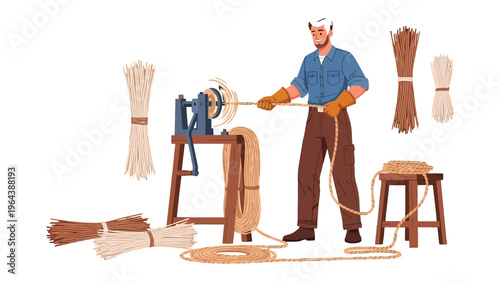 Craftsman at Work: A skilled artisan meticulously crafts rope, showcasing traditional techniques and dedication to his craft.
