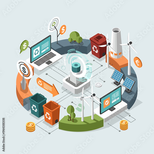 Illustration of sustainable online illustration 2026 concept with eco-friendly symbols, recycling icons, and digital devices on a green background, conveying environmentally responsible