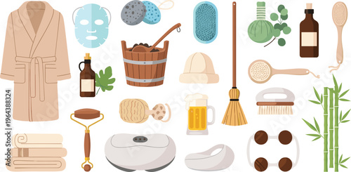 Spa Wellness Accessories Set with Bathrobe, Skincare Tools, Bamboo, Towels, and Relaxation Elements in Flat Vector Style Isolated on White Background