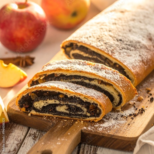 Poppy Seed Strudel Slices with Apples and Powdered Sugar.