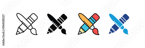 Crossed pencil and artistic paint brush for graphic design, creativity and fine arts icon set. Education and drawing tool symbol for creative workshop. Vector Illustration.