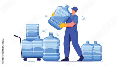 Water Delivery Service: A determined worker carefully maneuvers a large water jug, emphasizing dedication to essential hydration services.