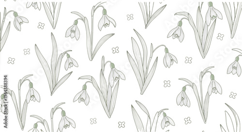 Seamless Snowdrop Flower Pattern with Hand Drawn Botanical Spring Blooms and Leaves in Minimal Line Art Style Vector Background on White