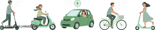 Eco friendly sustainable urban transportation collection with electric car, moped, bicycle, and people riding electric scooters on white background