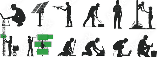 Silhouettes of workers using technology and tools, including solar panels, drone operation, construction, and digital work activities