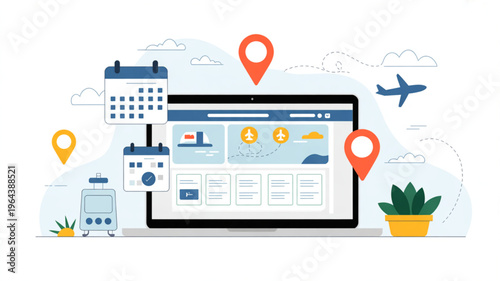 Travel planning on laptop with map markers and icons for flights hotels and destinations