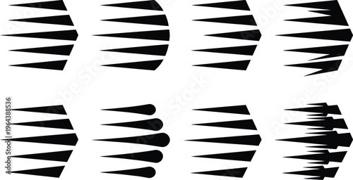 Eight Variations of Black Arrow Shapes and Forms Keywords: arrow, shape, form, black, white, background, graphic, design, abstract, geometric, pointed, sharp, curved, split, fragmented, series