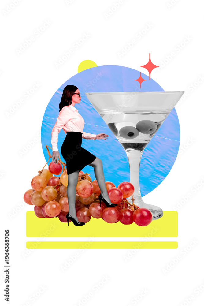 Naklejka premium Vertical sketch 3d artwork collage poster of serious girl walk grape branch sweet fruit martini glass toast friday relax occasion