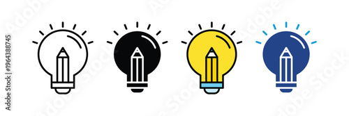 Creative light bulb with pencil inside for idea generation, education and graphic design icon set. Conceptual symbol for inspiration and artistic thinking. Vector Illustration.