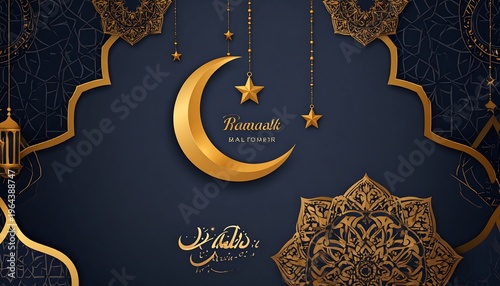 Ramadan Nights - Golden Crescent and Star on Dark Blue Background.