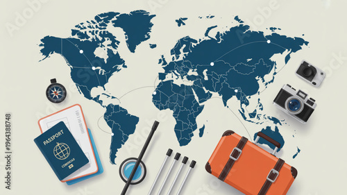 Travel planning concept with world map luggage cameras and travel documents on a beige background