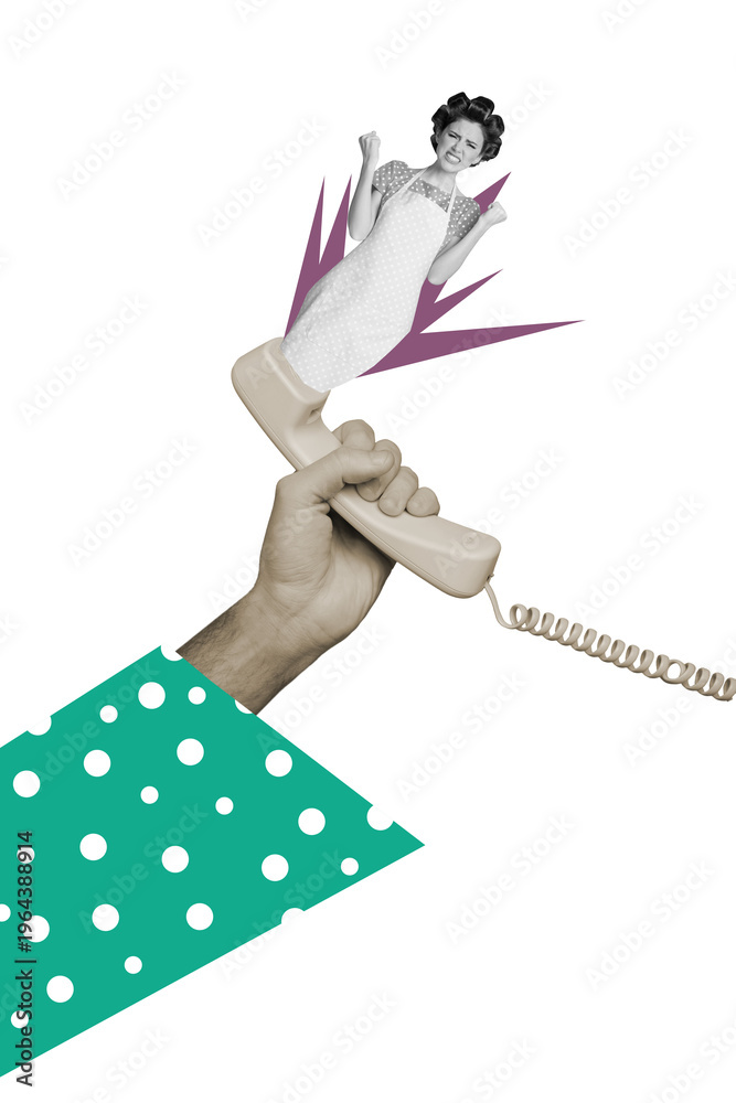 © deagreez - Vertical photo collage of angry housemaid peek telephone receiver wire call center complaint server hand isolated on painted background © deagreez - Vertical photo collage of angry housemaid peek telephone receiver wire call center complaint server hand isolated on painted background