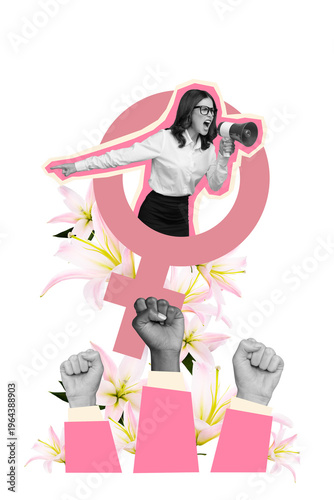 Foto Vertical photo collage of angry girl scream loudspeaker feminism strike lily flo