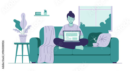 A young woman comfortably works remotely from her cozy living room sofa, embracing the modern digital lifestyle with her laptop.