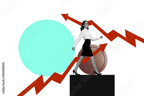 Creative trend artwork design 3D collage sketch of cash currency market wealth goal stats analyzing business trade young woman walk