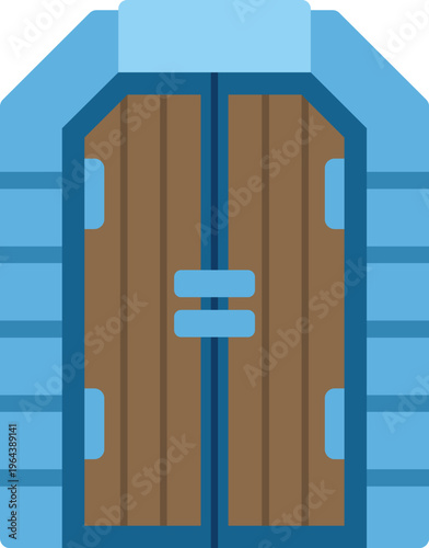 Wooden door with a blue frame representing an entrance or portal in flat design style
