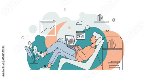 A relaxed individual efficiently works from home on a laptop, analyzing data and managing tasks in a comfortable, modern environment, embodying flexible productivity.