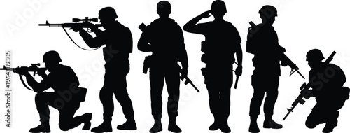 Military soldier silhouette set featuring armed special forces army officers in various combat poses saluting and kneeling isolated on white background vector.