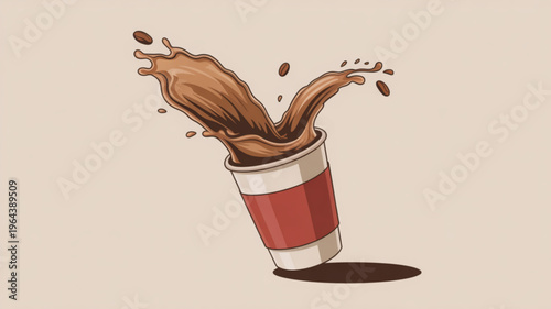 Brown liquid splashing out of a red and white disposable coffee cup on beige background