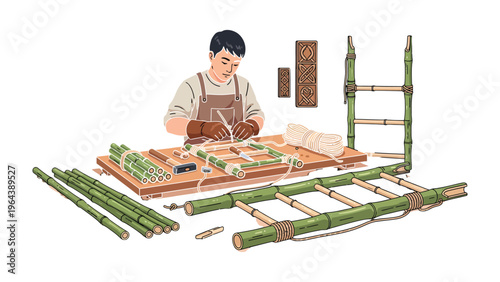 Artisan Crafting Bamboo Ladder: A skilled craftsman meticulously assembles a bamboo ladder, showcasing the art of traditional craftsmanship and sustainable practices.