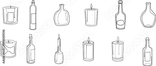 A collection of ten various empty wine and liquor bottle illustrations in black and white