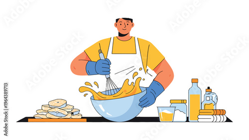 Artisan in the Kitchen: A dedicated cook is diligently crafting, whisking ingredients in a bowl, showcasing the art of culinary expertise.
