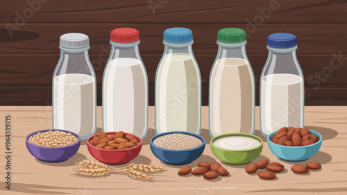 Assorted plant based milk bottles and bowls of nuts and seeds on wooden table healthy food and drink concept