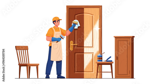 Door Refurbishment: A skilled worker meticulously renovates a wooden door. The scene captures the precision of their craft and the transformation of a space.