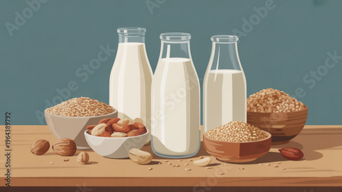 Glass bottles of milk and bowls of oats and nuts on a wooden table with a green background
