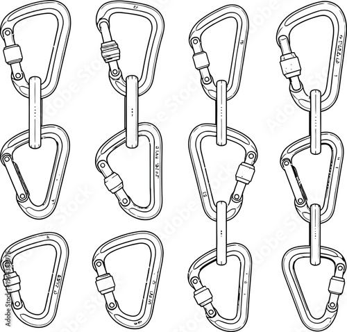 Eight interconnected carabiners in a detailed line drawing