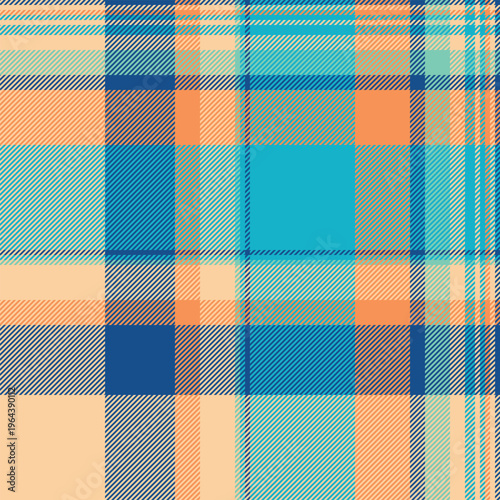 Classic check pattern background, ragged fabric vector tartan. Man plaid seamless texture textile in orange and cyan colors.